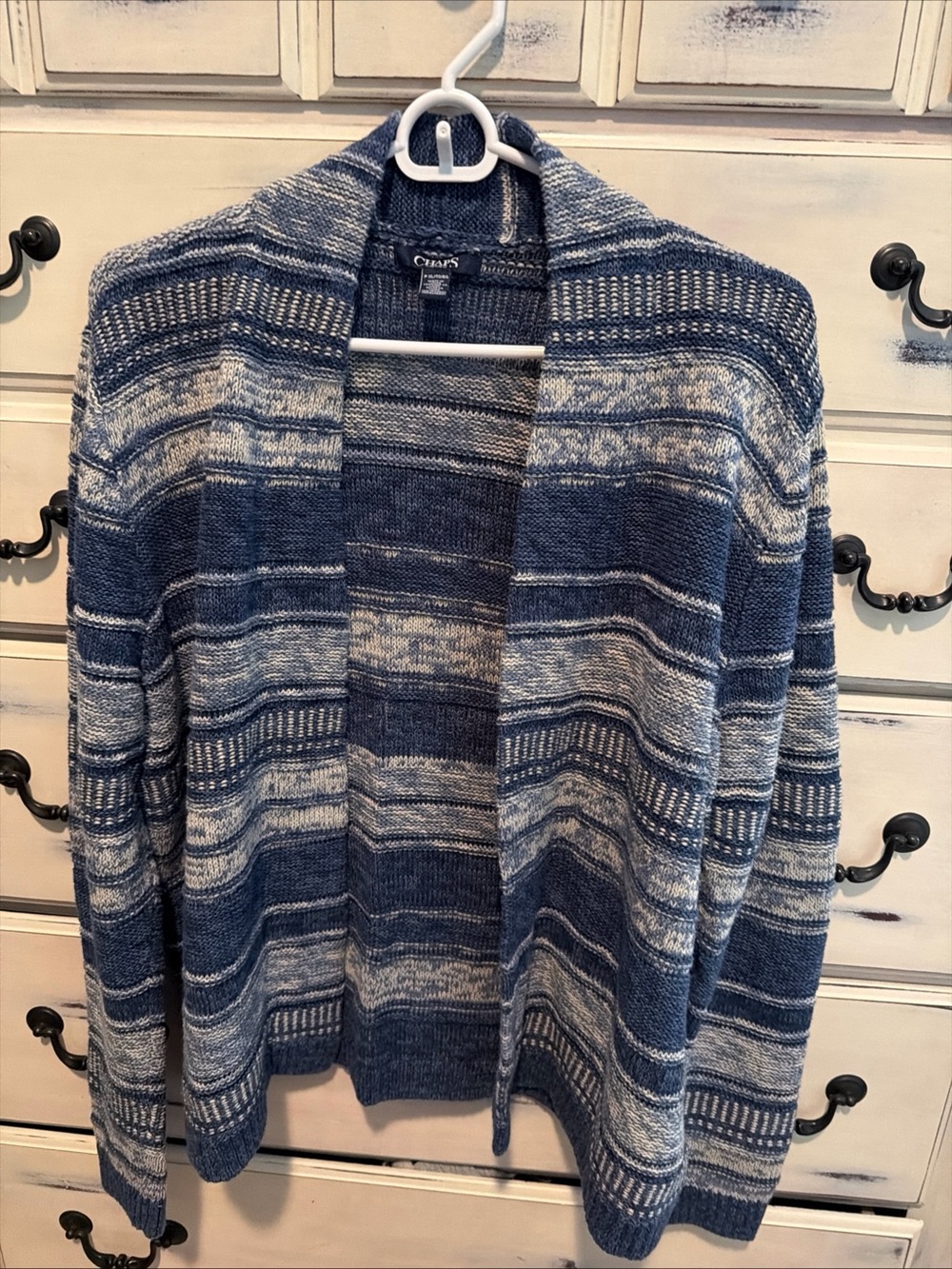 Chaps Ralph Lauren Blue Striped Cardigan Sweater Coastal Cozy Southwest